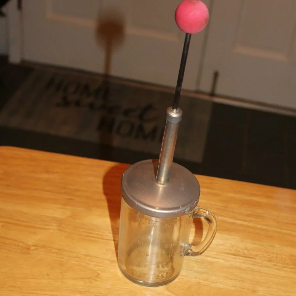 Vintage Glass Nut Food Chopper with Red Handle and Measuring Cup